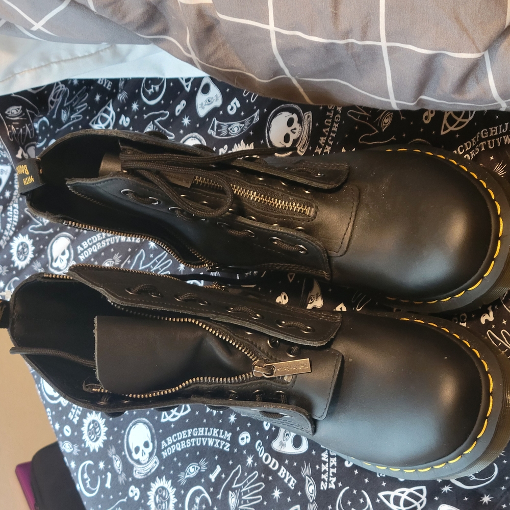 Dr. Martens Black Leather Boots with Yellow Stitching